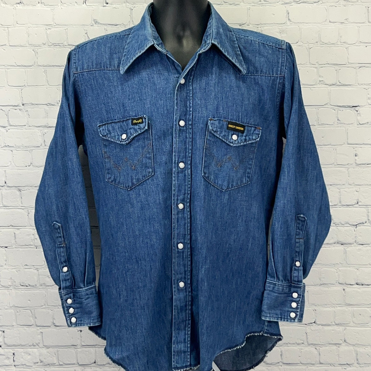 Wrangler Harley Davidson Vintage Blue Denim Shirt with Snap Buttons and Two Front Pockets