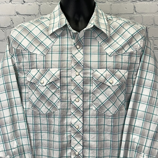 Wrangler Men's Long Sleeve Plaid Shirt in Gray and Teal with Button Front and Western Yokes