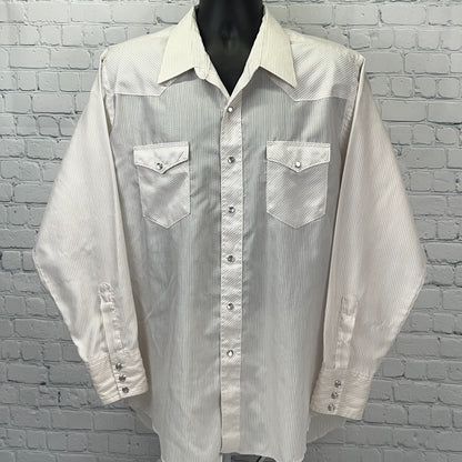 Wrangler Men's Long Sleeve Shirt in White with Stripes, Front View showcasing Chest Pockets and Snap Buttons