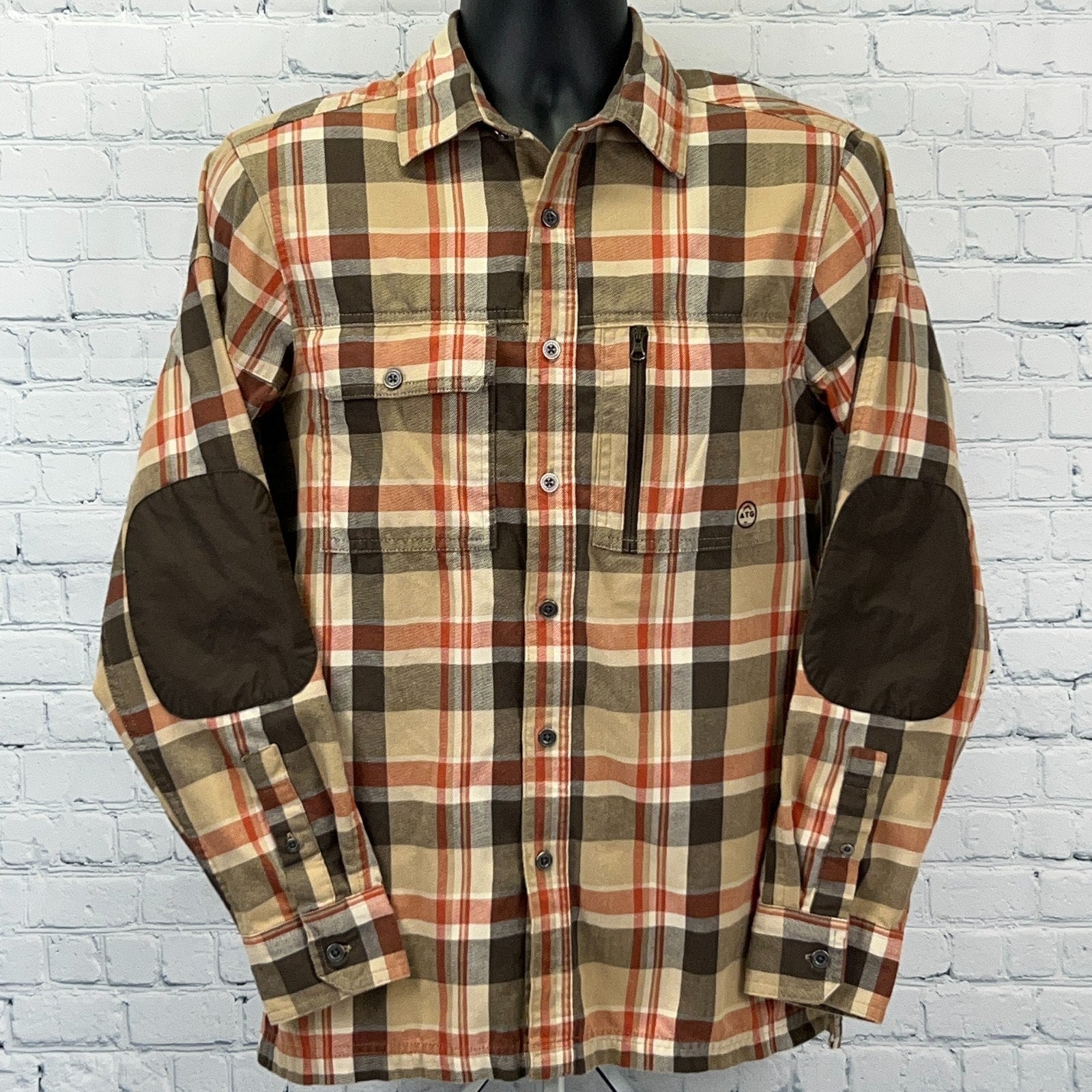 Wrangler x ATG Men's Plaid Shirt in Tan and Brown with Elbow Patches and Chest Pocket, Front View