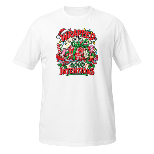 White Christmas T-shirt featuring colorful 'Wrapped with Good Intentions' graphic design