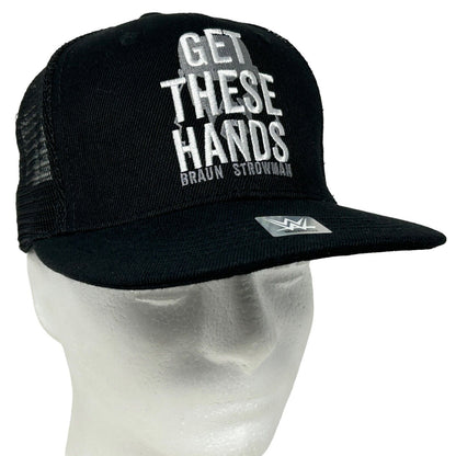 Black WWE Braun Strowman hat with 'Get These Hands' text, front view, featuring mesh back and adjustable fit.