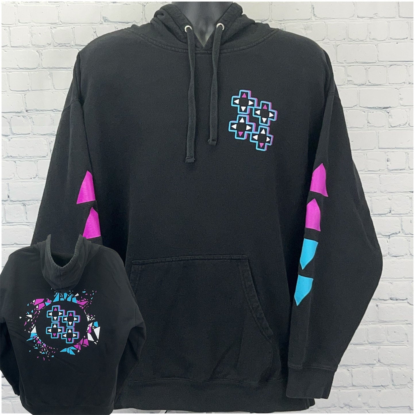 Black WWE UpUpDownDown Hoodie with Front Logo and Colorful Sleeve Details in XXL.