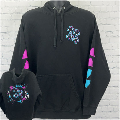Black WWE UpUpDownDown Hoodie with Front Logo and Colorful Sleeve Details in XXL.