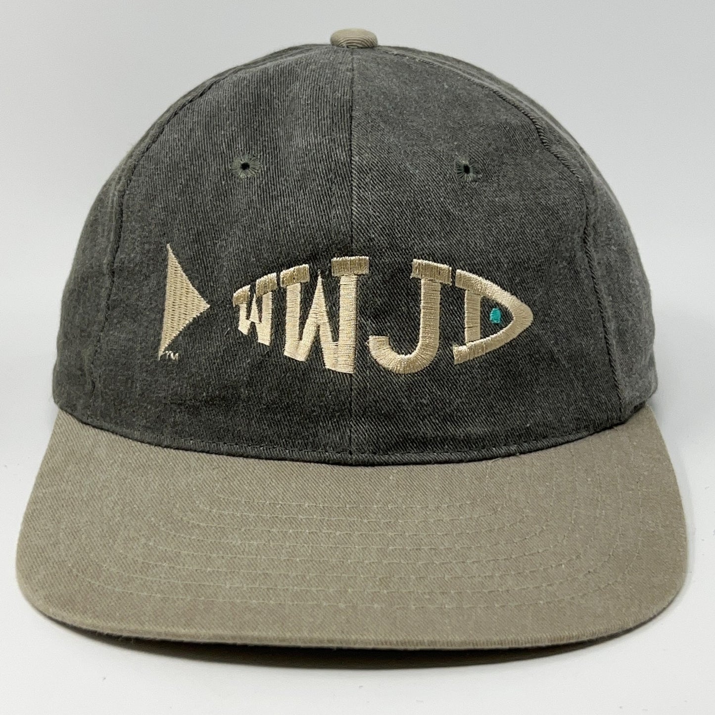 Vintage gray WWJD cap with embroidered Jesus fish logo and adjustable back strap