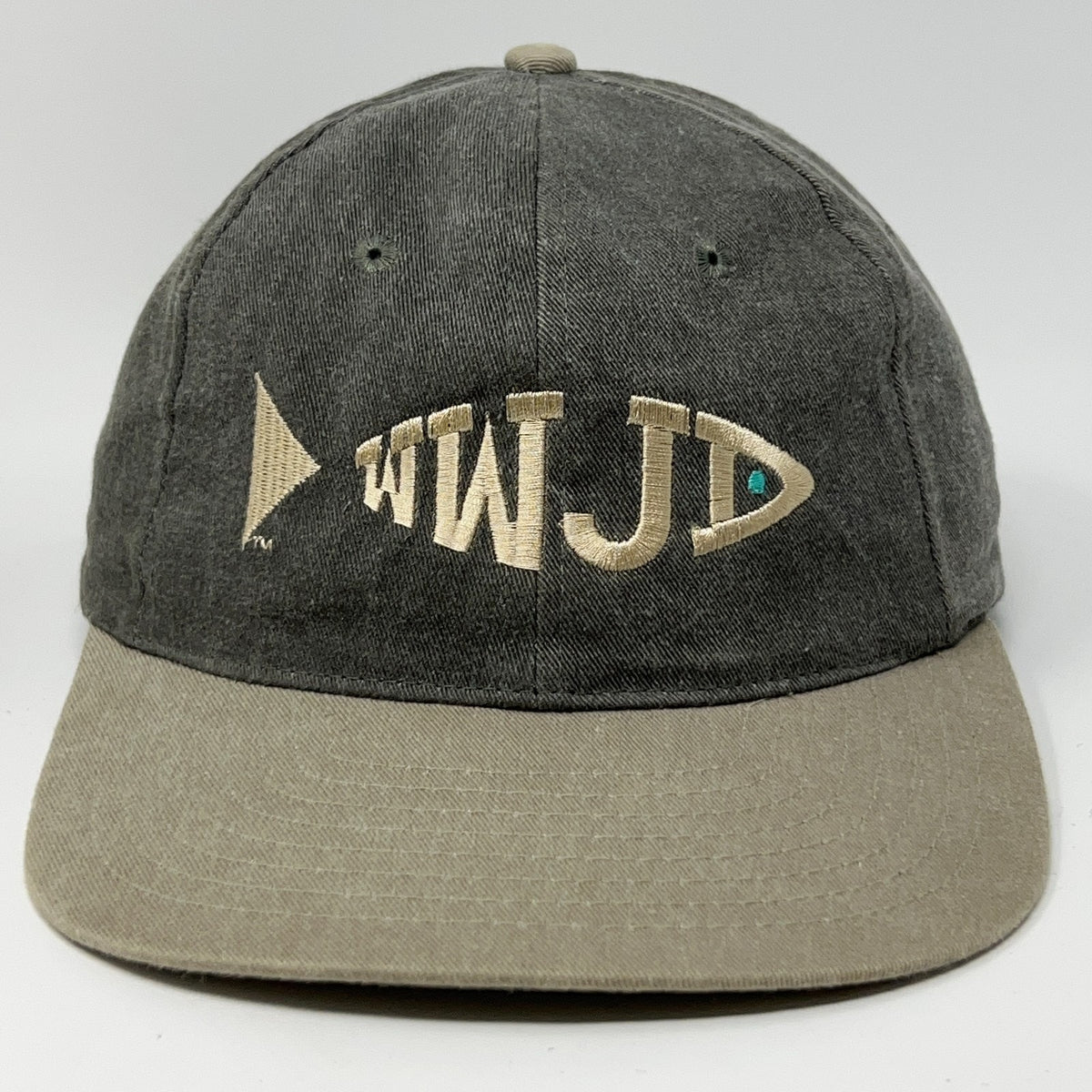 Vintage gray WWJD cap with embroidered Jesus fish logo and adjustable back strap