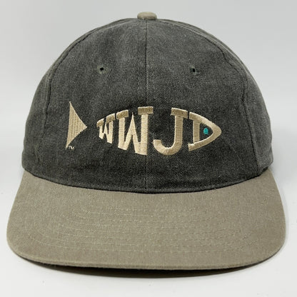 Vintage gray WWJD cap with embroidered Jesus fish logo and adjustable back strap
