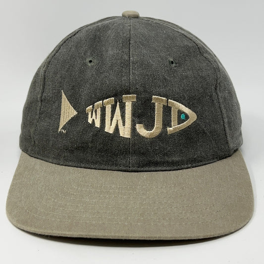 Vintage gray WWJD cap with embroidered Jesus fish logo and adjustable back strap