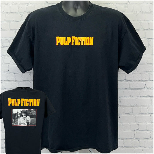Ripple Junction Vintage Black Pulp Fiction T-Shirt with Bold Yellow Text and Classic Fit