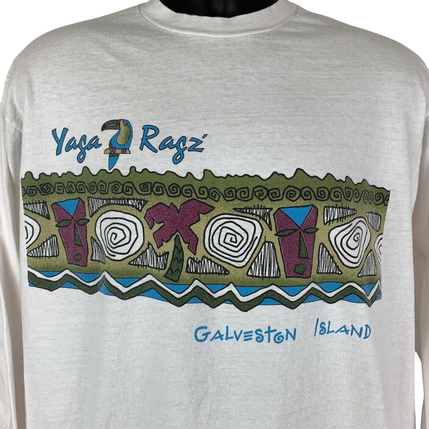 Hanes Yaga Ragz Galveston Island T-Shirt in white with colorful tribal design on the front