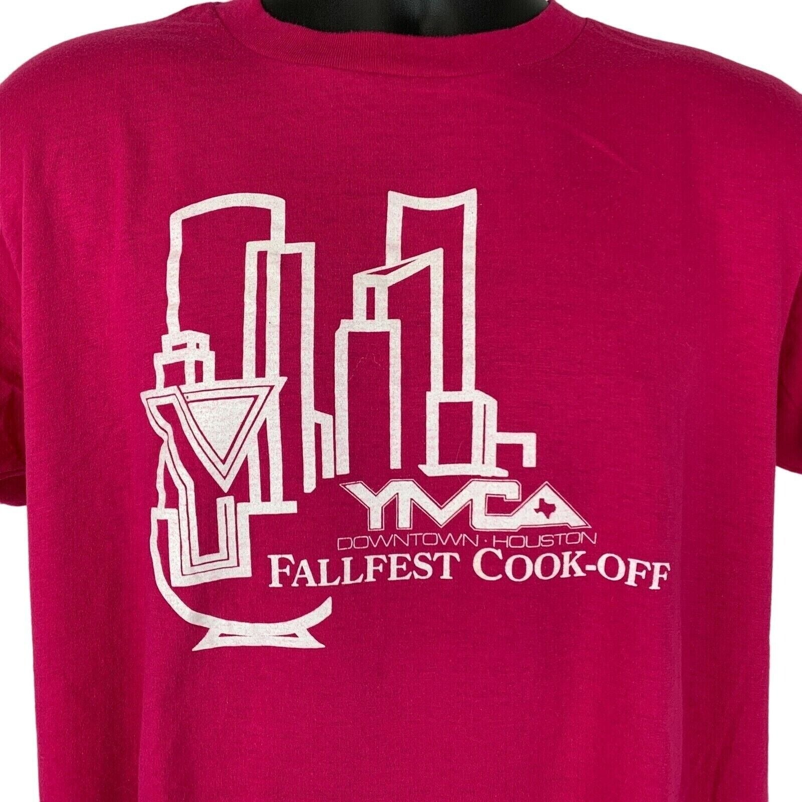 Red Hanes T-Shirt featuring YMCA logo and Houston skyline in front view, size large