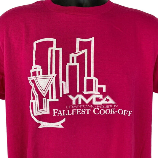 Red Hanes T-Shirt featuring YMCA logo and Houston skyline in front view, size large