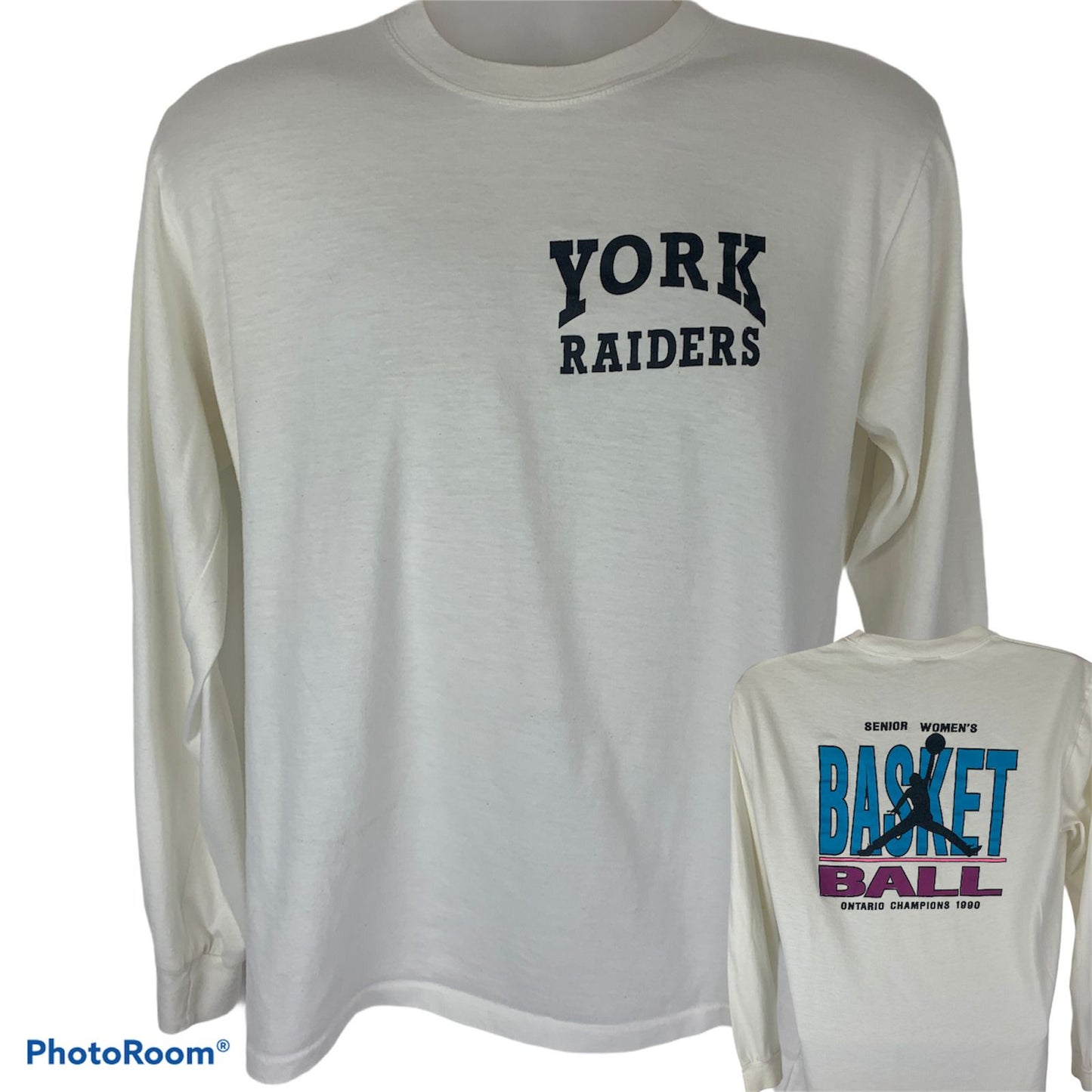 Front view of white long sleeve T-Shirt featuring York Raiders Basketball logo and design