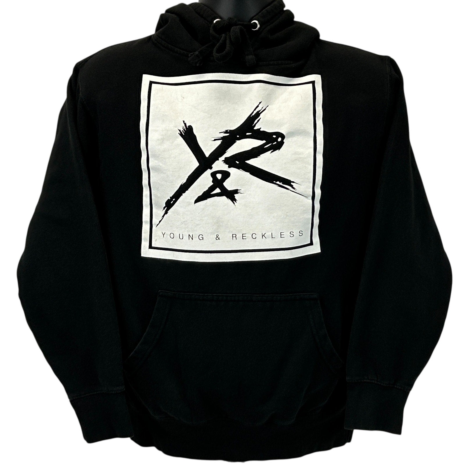 Black Young Reckless Hoodie with front logo and kangaroo pocket in medium size