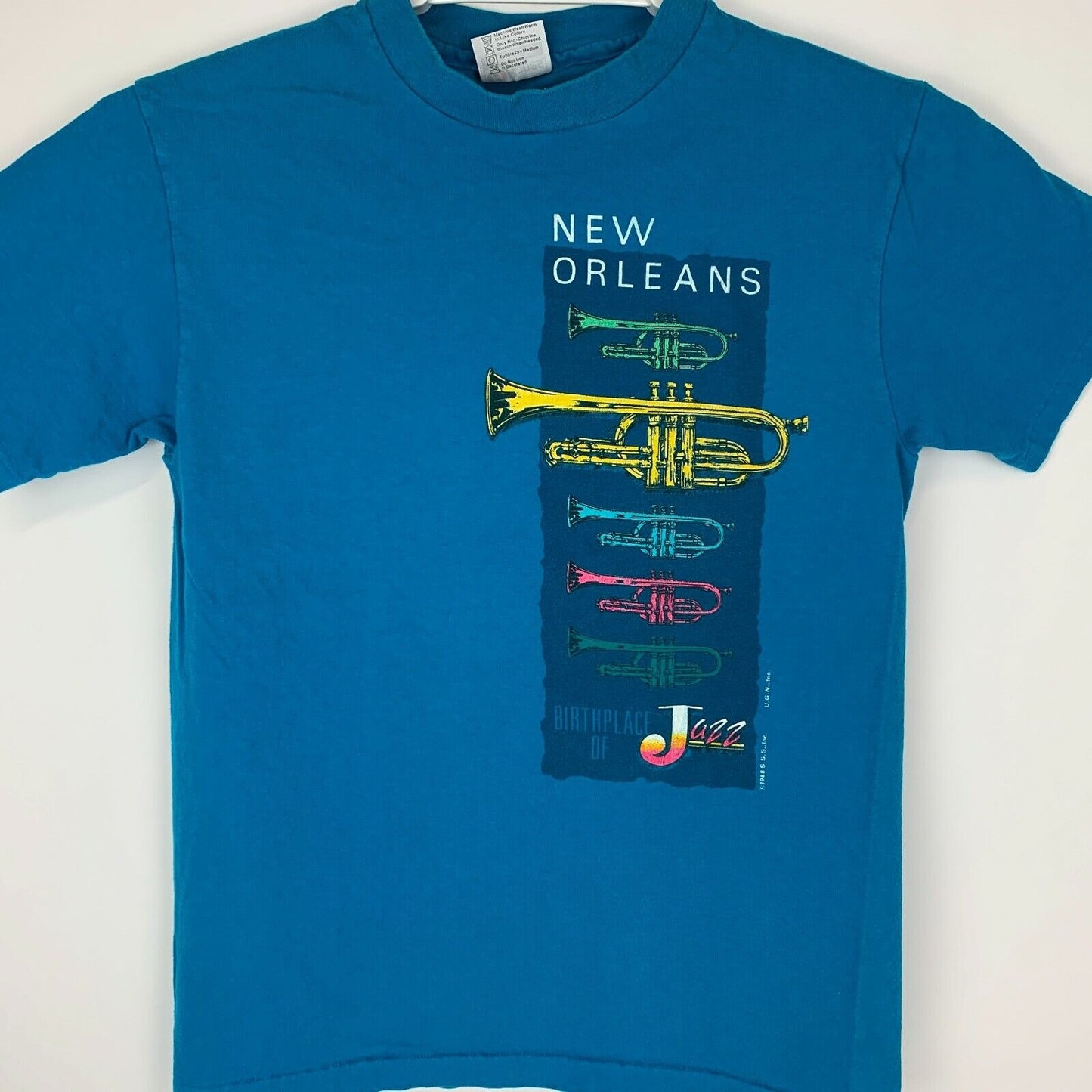 Vintage New Orleans Trumpet Jazz T Shirt Mens Small Brass Band Made in USA Blue