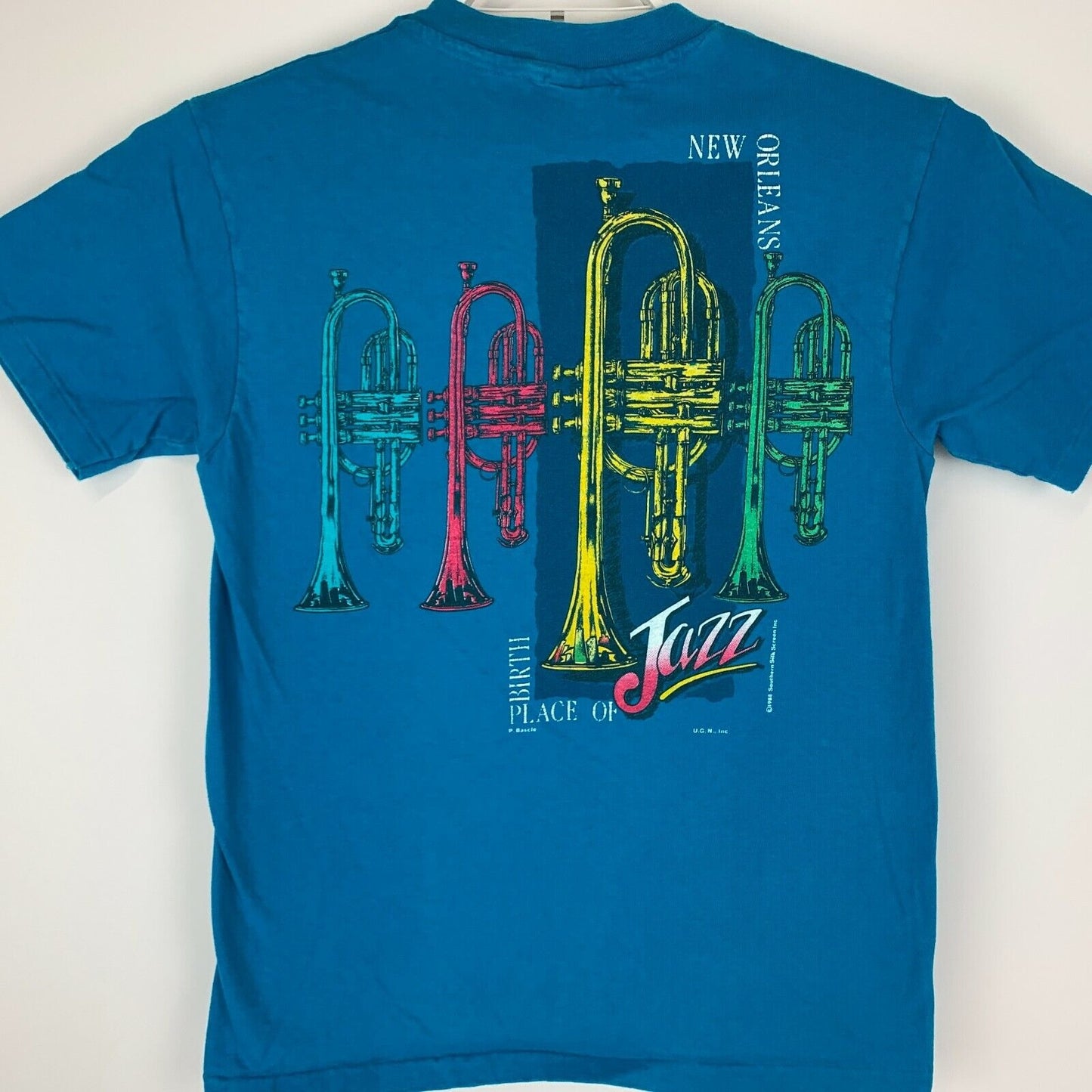 Vintage New Orleans Trumpet Jazz T Shirt Mens Small Brass Band Made in USA Blue