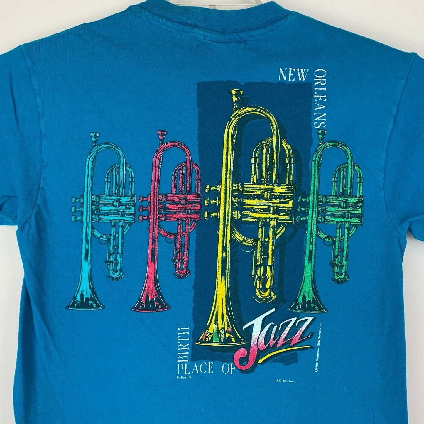 Vintage New Orleans Trumpet Jazz T Shirt Mens Small Brass Band Made in USA Blue