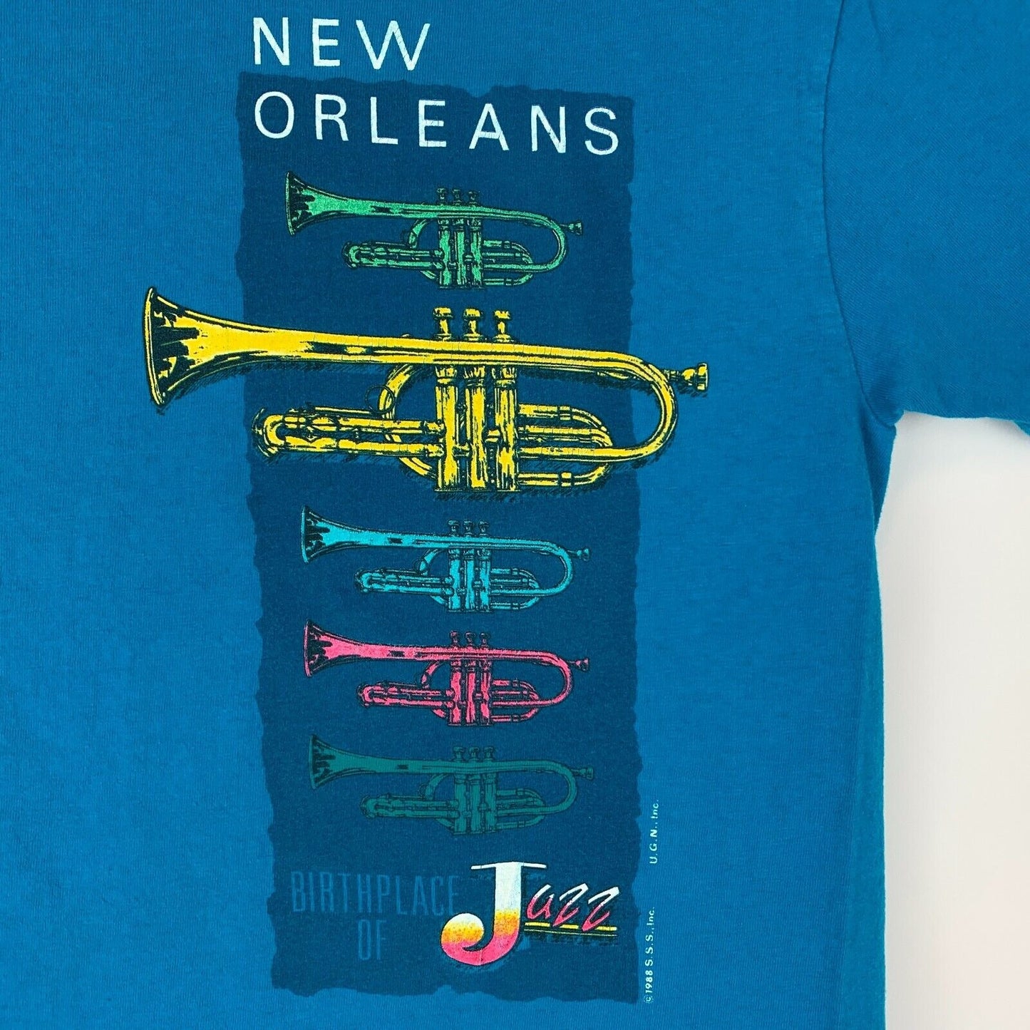 Vintage New Orleans Trumpet Jazz T Shirt Mens Small Brass Band Made in USA Blue