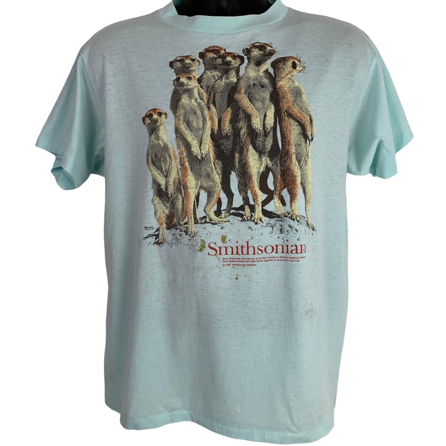 Vintage 80s Grey Meerkats Smithsonian Institution T Shirt Nature Blue Tee Large