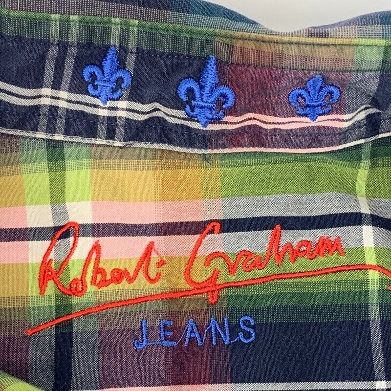 Robert Graham Jeans Large Button Front Shirt Blue Green Plaid Long Sleeve Cotton